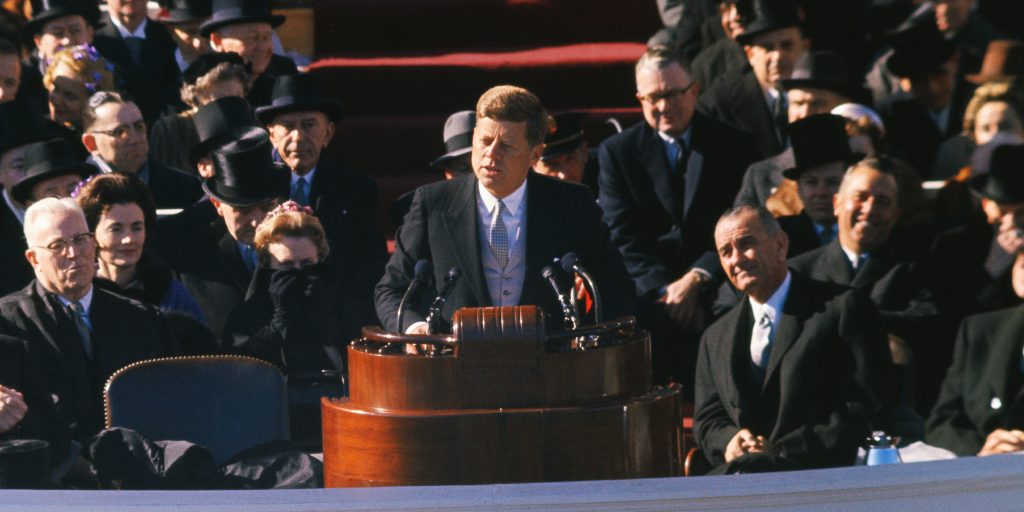 President John F. Kennedy making his inauguration speech from the East Portico of the U.S. Capitol in Washington, DC.